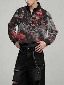 ROMWE MEN 男士深紅色眼睛哥德風印花寬鬆立領半拉鍊運動衫 - 黑色 - 查看 6