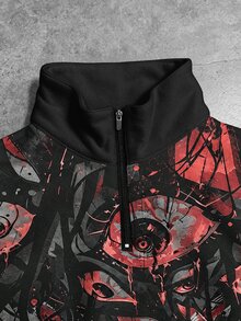 ROMWE MEN 男士深紅色眼睛哥德風印花寬鬆立領半拉鍊運動衫 - 黑色 - 查看 2