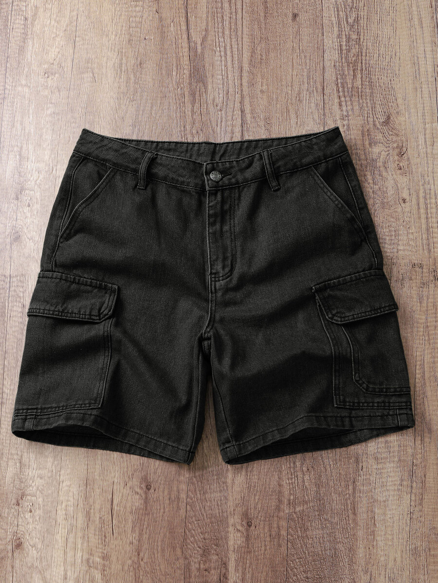 Manfinity Joysei Men's Summer Casual Streetwear Flap Pocket Cargo Denim Shorts Holiday Black - Black - View 1