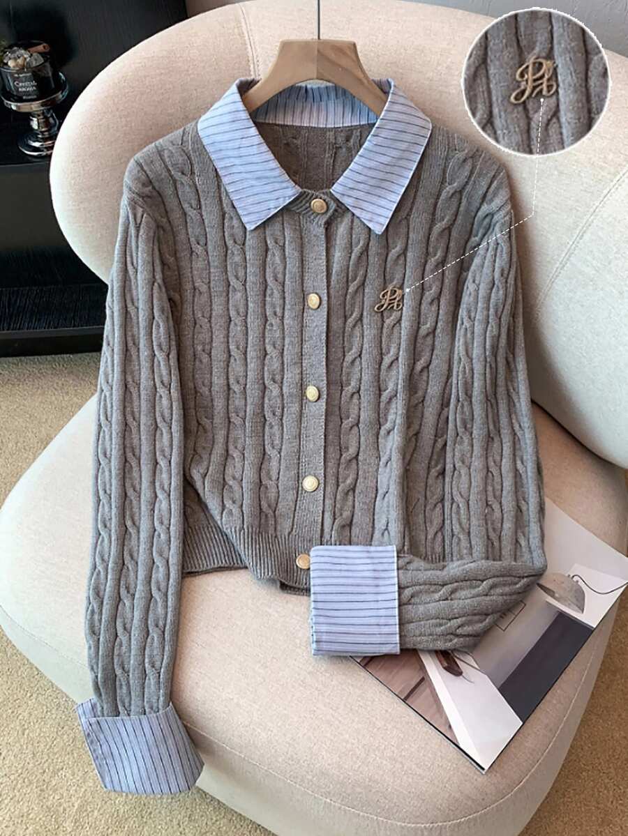 Franclia Cardigan Rajut Patchwork 2 in 1 Bergaya Blogger Prancis Era 2000-an, Kancing Kabel, Kerah, Cocok untuk Hari Guru, Kantor, Warna Abu-abu Biru, Musim Gugur