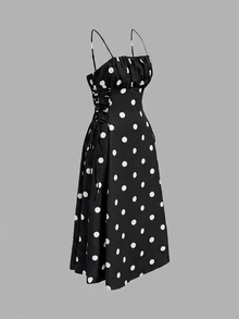 SHEIN MOD Women's Elegant Polka Dot Print Midi Dress, Summer - Black - View 6