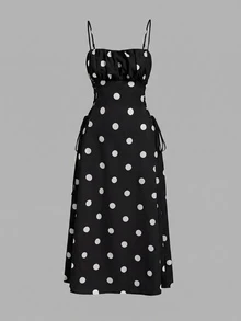 SHEIN MOD Women's Elegant Polka Dot Print Midi Dress, Summer - Black - View 3