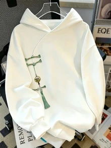 Franclia Plus Size Autumn/Winter New Chinese Style White Thermal Lined Hooded Sweatshirt, Oblique Collar Vintage Frog Button Tassel Pendant Loose Drop Shoulder Long Sleeve Pullover Top, Casual Daily Shopping Slouchy - White - View 7