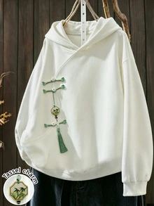 Franclia Plus Size Autumn/Winter New Chinese Style White Thermal Lined Hooded Sweatshirt, Oblique Collar Vintage Frog Button Tassel Pendant Loose Drop Shoulder Long Sleeve Pullover Top, Casual Daily Shopping Slouchy - White - View 3