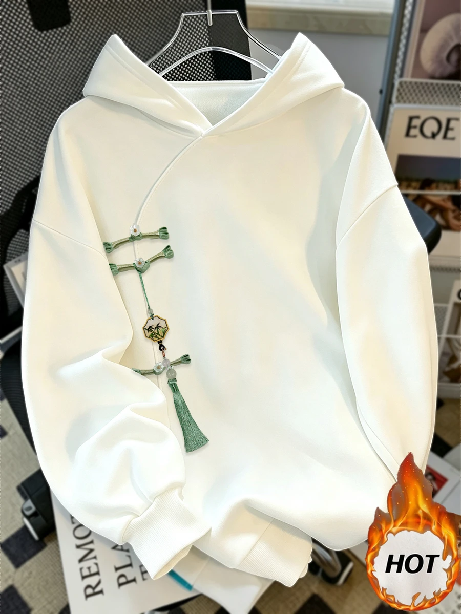 Franclia Plus Size Autumn/Winter New Chinese Style White Thermal Lined Hooded Sweatshirt, Oblique Collar Vintage Frog Button Tassel Pendant Loose Drop Shoulder Long Sleeve Pullover Top, Casual Daily Shopping Slouchy - White - View 1