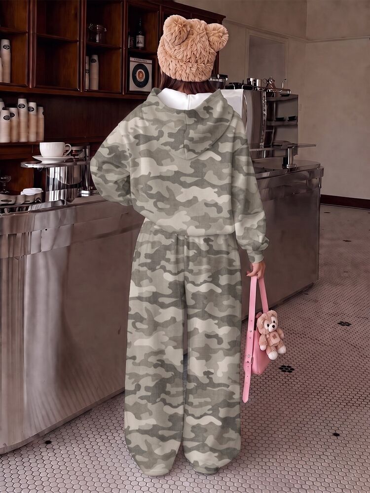 SHEIN Y2K Grey Camouflage All-Over Print Pattern, Women's/Girls' Casual Comfortable Thick Loose Hooded Sweatshirt And Sweatpants Sports Set, Suitable For Autumn/Winter Daily, Holiday, Outing, Campus, Sports, Street Chill Chill, Autumn/Winter New, American High Street, Relaxed Fashion - Multicolor - View 2