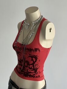 Bitrose 女款街頭次文化字母龐克印花背心 - 紅色 - 查看 5