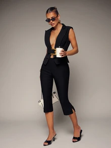Hauture Women's Low Rise Stretch Split Hem Capri Pants - Black - View 3