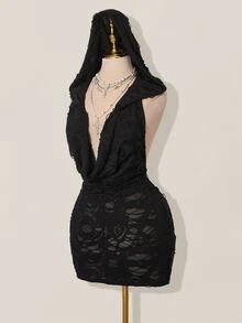 SHEIN ICON 女式性感低胸做旧面料连帽紧身迷你连衣裙 - 黑色 - 查看 3