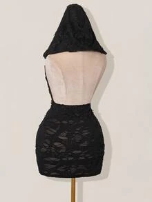 SHEIN ICON 女式性感低胸做旧面料连帽紧身迷你连衣裙 - 黑色 - 查看 7
