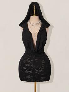 SHEIN ICON 女式性感低胸做旧面料连帽紧身迷你连衣裙 - 黑色 - 查看 8