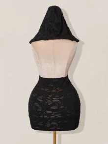 SHEIN ICON 女式性感低胸做旧面料连帽紧身迷你连衣裙 - 黑色 - 查看 2