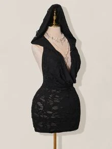 SHEIN ICON 女式性感低胸做旧面料连帽紧身迷你连衣裙 - 黑色 - 查看 4