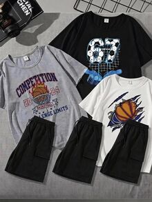 Kids Tween Boys Casual Minimalist & Print Sports Cartoon Graphic Crew Neck Short Sleeve T-Shirts, Black White Gray, 3pcs/Set, Suitable For Summer - Multicolor - View 2