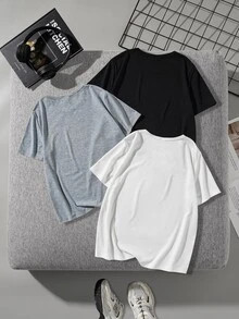Kids Tween Boys Casual Minimalist & Print Sports Cartoon Graphic Crew Neck Short Sleeve T-Shirts, Black White Gray, 3pcs/Set, Suitable For Summer - Multicolor - View 3