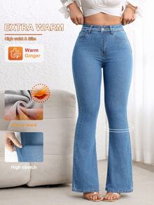 Flexra Celana Jeans Wanita Model Flare Kasual Serbaguna dengan Saku dan Pinggang Tinggi - Biru - View 1