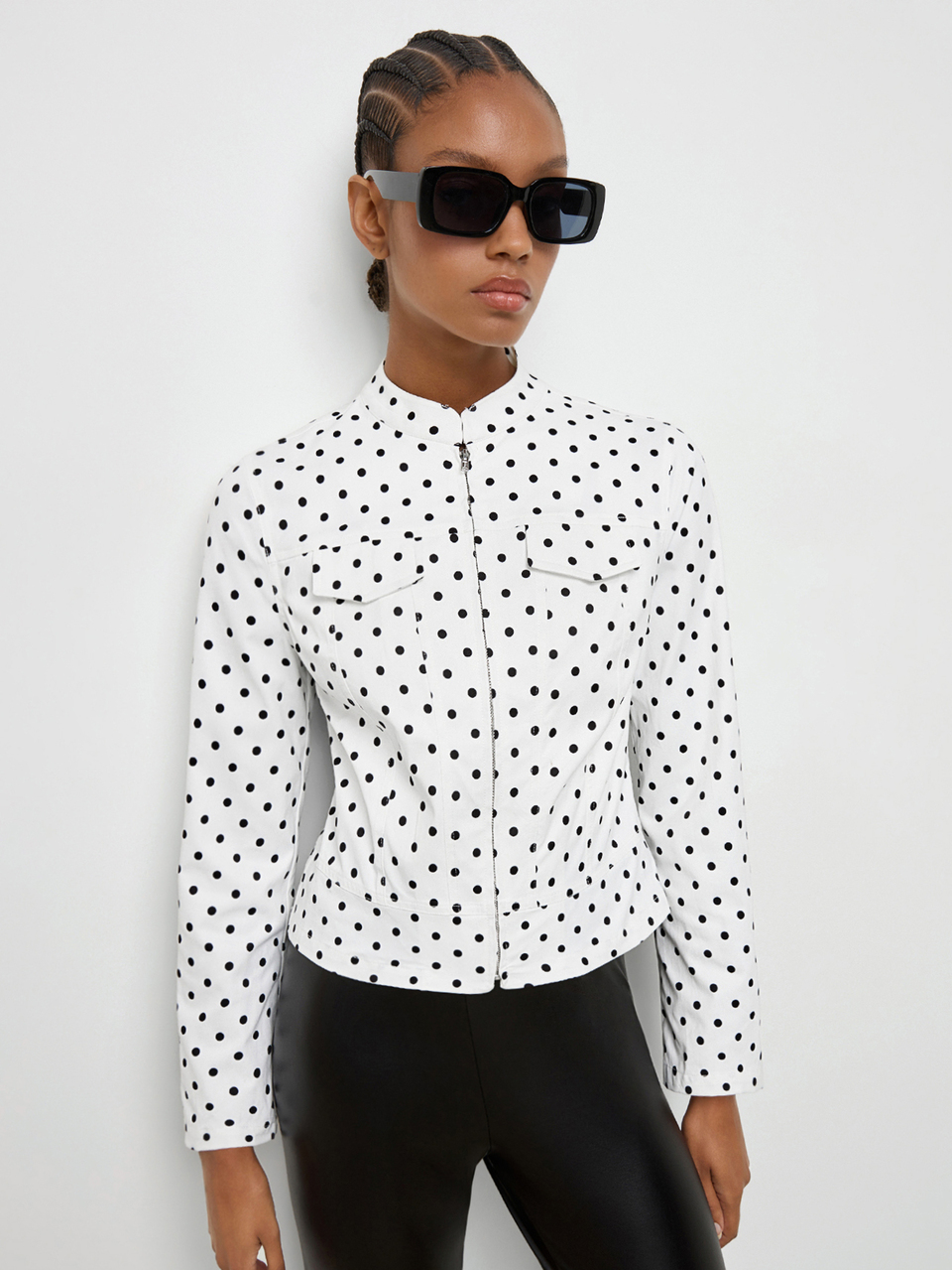SHEIN Maija Women's Summer Jacket White With Black Polka Dot Long Sleeve Slim Fit Modern Urban Casual Commute