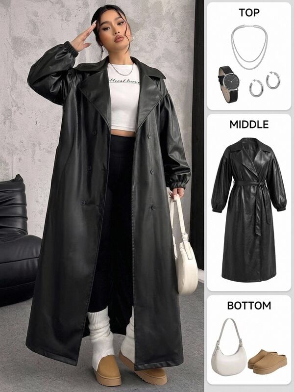 Muchica Plus-Size Women's Black Lapel Long-Sleeved Double-Breasted PU Leather Trench Coat With Belt. Halloween Autumn Winter