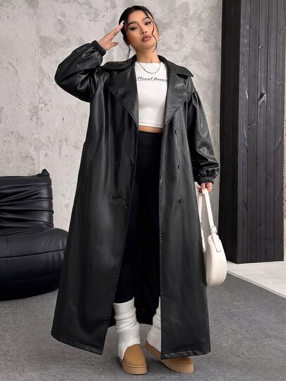 Muchica Plus-Size Women's Black Lapel Long-Sleeved Double-Breasted PU Leather Trench Coat With Belt. Halloween Autumn Winter