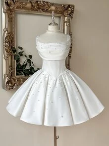 Lovelzi Elegant Luxurious Beaded Satin Ruched Collar Design Oversized Puff A-Line Skirt, Suitable For Dates, Vacations, Bachelorette Parties, Graduation, Weddings, Shopping, Daily Wear, Bridal Shower Gift Dress - White - View 9