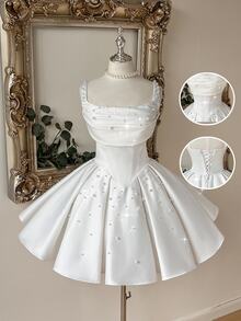 Lovelzi Elegant Luxurious Beaded Satin Ruched Collar Design Oversized Puff A-Line Skirt, Suitable For Dates, Vacations, Bachelorette Parties, Graduation, Weddings, Shopping, Daily Wear, Bridal Shower Gift Dress - White - View 10