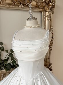 Lovelzi Elegant Luxurious Beaded Satin Ruched Collar Design Oversized Puff A-Line Skirt, Suitable For Dates, Vacations, Bachelorette Parties, Graduation, Weddings, Shopping, Daily Wear, Bridal Shower Gift Dress - White - View 3