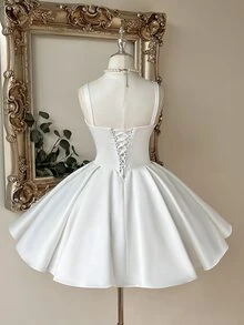 Lovelzi Elegant Luxurious Beaded Satin Ruched Collar Design Oversized Puff A-Line Skirt, Suitable For Dates, Vacations, Bachelorette Parties, Graduation, Weddings, Shopping, Daily Wear, Bridal Shower Gift Dress - White - View 4