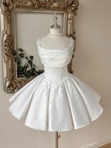 Lovelzi Elegant Luxurious Beaded Satin Ruched Collar Design Oversized Puff A-Line Skirt, Suitable For Dates, Vacations, Bachelorette Parties, Graduation, Weddings, Shopping, Daily Wear, Bridal Shower Gift Dress - White - View 7