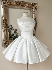 Lovelzi Elegant Luxurious Beaded Satin Ruched Collar Design Oversized Puff A-Line Skirt, Suitable For Dates, Vacations, Bachelorette Parties, Graduation, Weddings, Shopping, Daily Wear, Bridal Shower Gift Dress - White - View 8