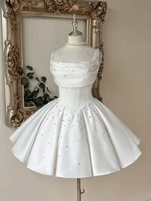 Lovelzi Elegant Luxurious Beaded Satin Ruched Collar Design Oversized Puff A-Line Skirt, Suitable For Dates, Vacations, Bachelorette Parties, Graduation, Weddings, Shopping, Daily Wear, Bridal Shower Gift Dress - White - View 5