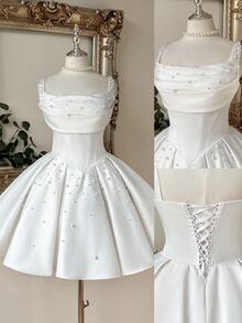 Lovelzi Elegant Luxurious Beaded Satin Ruched Collar Design Oversized Puff A-Line Skirt, Suitable For Dates, Vacations, Bachelorette Parties, Graduation, Weddings, Shopping, Daily Wear, Bridal Shower Gift Dress - White - View 2