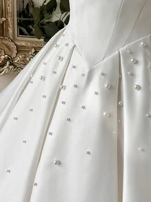 Lovelzi Elegant Luxurious Beaded Satin Ruched Collar Design Oversized Puff A-Line Skirt, Suitable For Dates, Vacations, Bachelorette Parties, Graduation, Weddings, Shopping, Daily Wear, Bridal Shower Gift Dress - White - View 6
