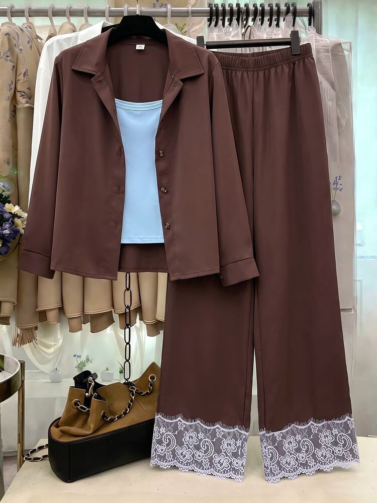 SHEIN Tween Girls Shirt Set, Coffee Color, Shirt + Pants 2 Pieces Set, Loose Fit, Warm For Autumn/Winter, Fashionable & Versatile, Casual, Striped, Autumn, Fall, Spring, Cute, Daily, Denim, Pleated - Brown - View 4