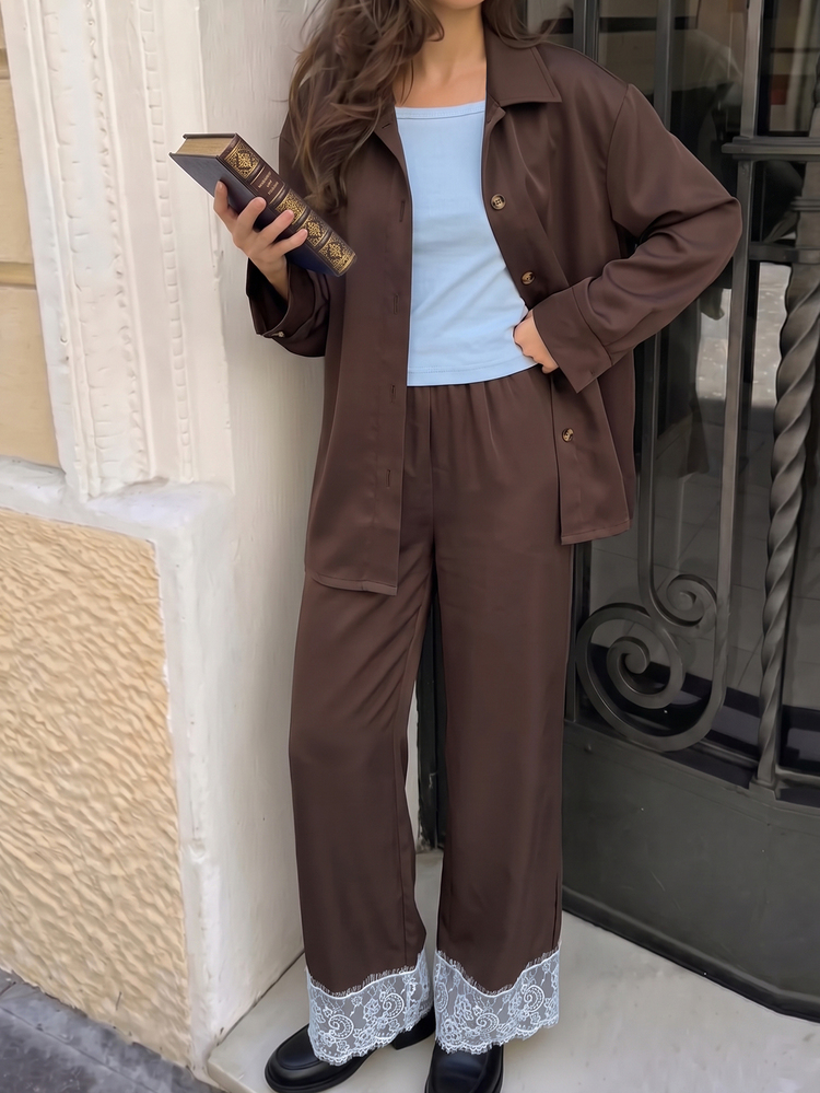SHEIN Tween Girls Shirt Set, Coffee Color, Shirt + Pants 2 Pieces Set, Loose Fit, Warm For Autumn/Winter, Fashionable & Versatile, Casual, Striped, Autumn, Fall, Spring, Cute, Daily, Denim, Pleated - Brown - View 8