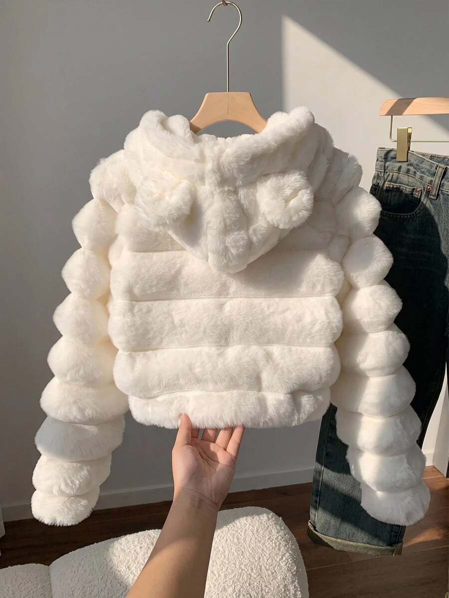 SHEIN 女童秋冬休閒人造毛皮絎縫保暖內裡加厚可愛3D卡通耳短款連帽夾克外套泰迪大衣 - 白色 - 查看 1