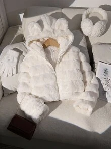 SHEIN 女童秋冬休閒人造毛皮絎縫保暖內裡加厚可愛3D卡通耳短款連帽夾克外套泰迪大衣 - 白色 - 查看 2