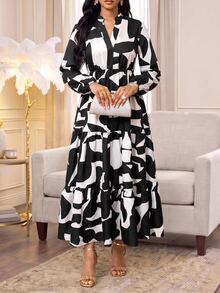 Fleurora Women's Vacation Print Colorblock Long Sleeve Fashion Dress - Black and White - View 3