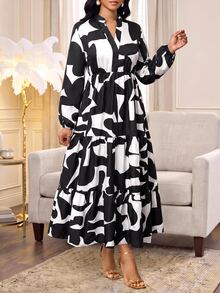 Fleurora Women's Vacation Print Colorblock Long Sleeve Fashion Dress - Black and White - View 4