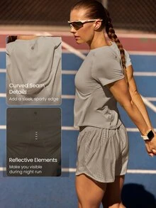 GLOWMODE Chase Your Pace Waist Length Ultra-Lightweight Quick-Dry Curved Hem Seams Reflective Regular Fit Crewneck Tee Running Tennis - Khaki - View 5