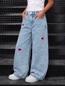 SHEIN Girlism Tween女孩心形刺繡圖案藍色牛仔寬鬆長褲 秋冬休閒款 - 藍色 - 查看 5