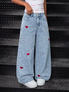 SHEIN Girlism Tween女孩心形刺繡圖案藍色牛仔寬鬆長褲 秋冬休閒款 - 藍色 - 查看 3
