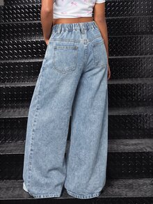 SHEIN Girlism Tween女孩心形刺繡圖案藍色牛仔寬鬆長褲 秋冬休閒款 - 藍色 - 查看 6