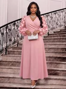 Fleurora Damen-Abendkleid in großen Größen mit V-Ausschnitt, Plissee und taillierter Taille, elegant, für Party, Dinner, formelle Anlässe und Hochzeit, rosa, Festival-Outfit, Urlaubskleid für den Herbst - Pink - Übersicht 4
