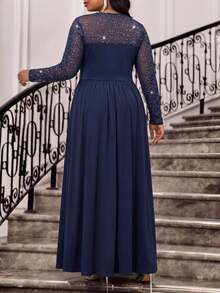 Fleurora Plus Size Fashion Party Glitter Patchwork Dress Fall - Navy Blue - View 3