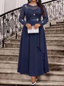 Fleurora Plus Size Fashion Party Glitter Patchwork Dress Fall - Navy Blue - View 4