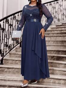Fleurora Plus Size Fashion Party Glitter Patchwork Dress Fall - Navy Blue - View 2