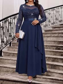 Fleurora Plus Size Fashion Party Glitter Patchwork Dress Fall - Navy Blue - View 1