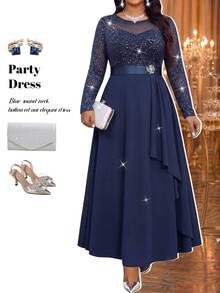 Fleurora Plus Size Fashion Party Glitter Patchwork Dress Fall - Navy Blue - View 5
