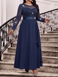 Fleurora Plus Size Fashion Party Glitter Patchwork Dress Fall - Navy Blue - View 6