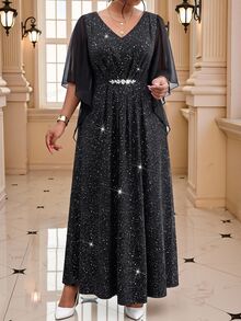 Fleurora Plus Size Fashion Party Glitter Rhinestone Decorated Dress - Black - View 6